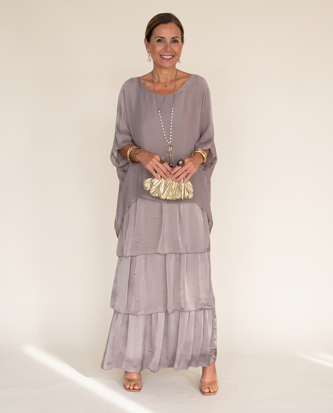 Whitemore & Daughters - Hylda Maxi Dress: Round-Neck Tiered Dress with Kimono Sleeves