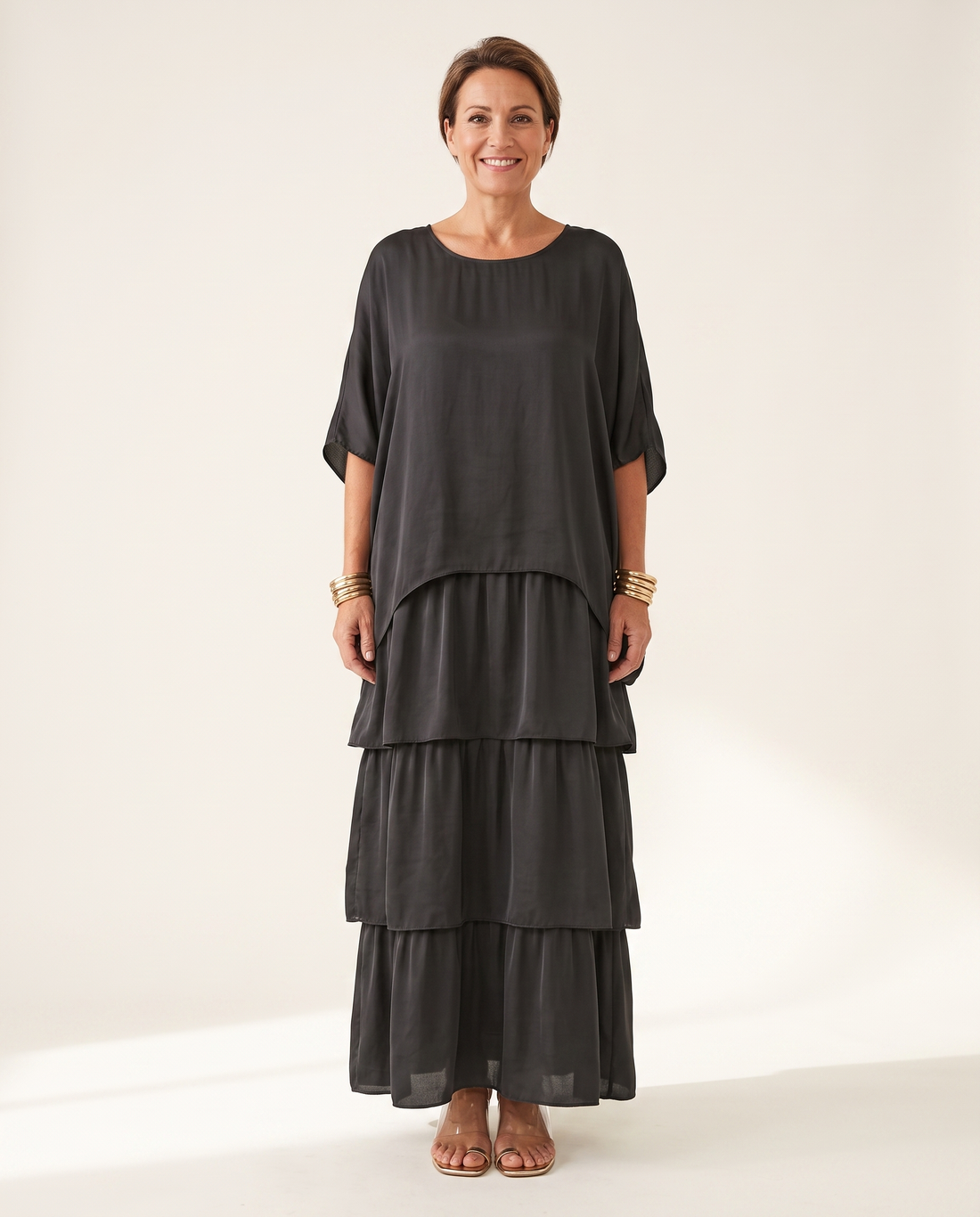 Whitemore & Daughters - Hylda Maxi Dress: Round-Neck Tiered Dress with Kimono Sleeves