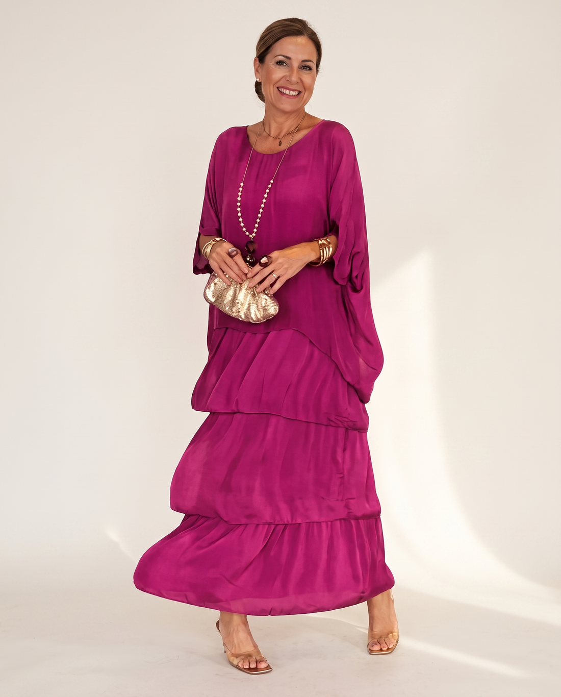 Whitemore & Daughters - Hylda Maxi Dress: Round-Neck Tiered Dress with Kimono Sleeves