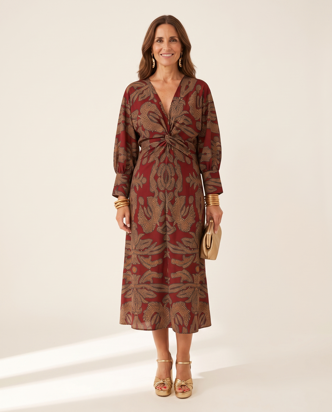 Whitemore & Daughters - Evaline Midi Dress: V-Neck Dress with Long Balloon Sleeves in Paisley Print