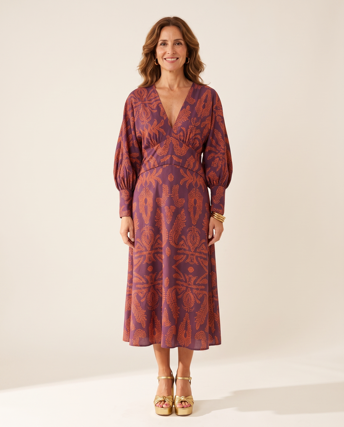 Whitemore & Daughters - Evaline Midi Dress: V-Neck Dress with Long Balloon Sleeves in Paisley Print