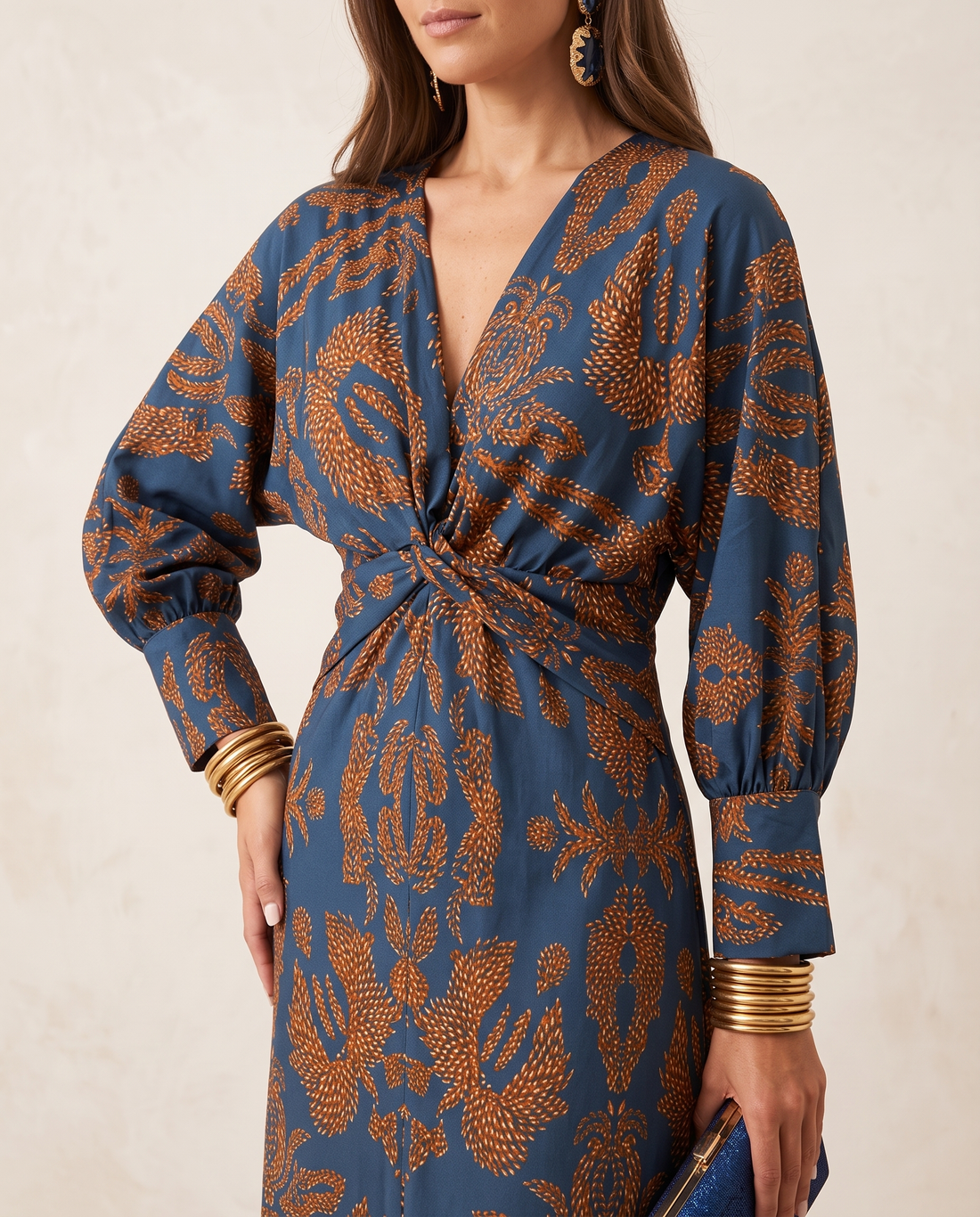 Whitemore & Daughters - Evaline Midi Dress: V-Neck Dress with Long Balloon Sleeves in Paisley Print