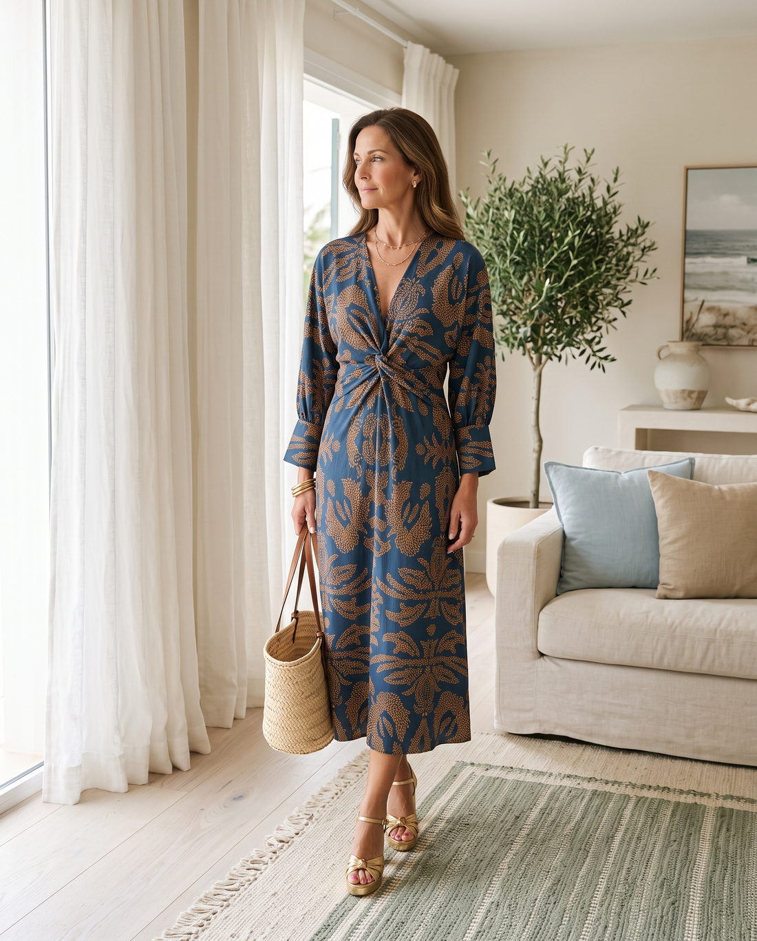 Whitemore & Daughters - Evaline Midi Dress: V-Neck Dress with Long Balloon Sleeves in Paisley Print