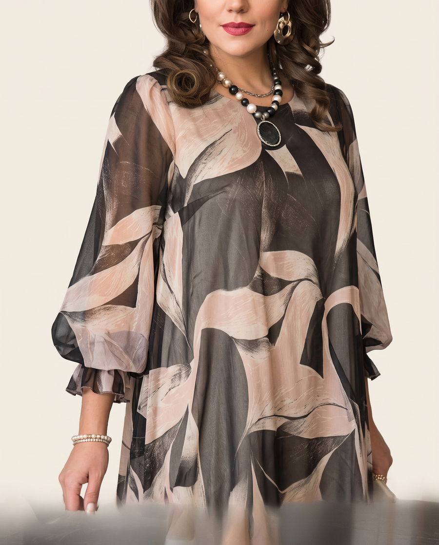 Whitemore & Daughters - Charlyn Mini Dress: A-Line Round-Neck Dress with Long Balloon Sleeves in Abstract Print