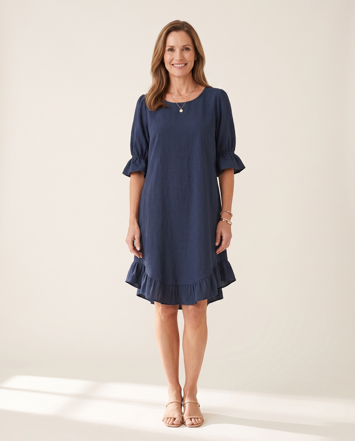 Whitemore & Daughters - Desiree Mini Dress: Round-Neck Dress with Ruffle Hem