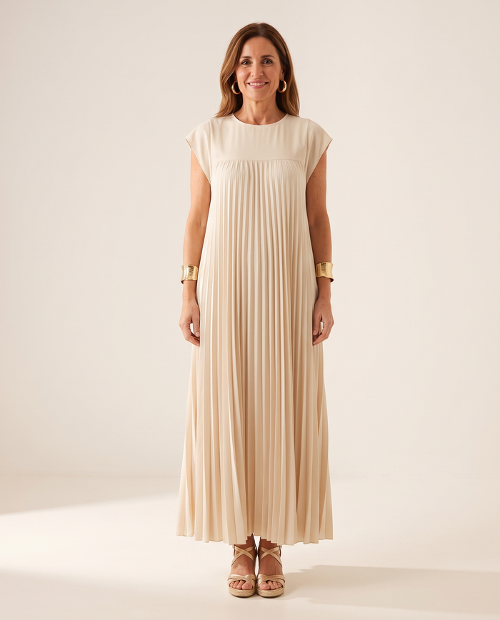 Whitemore & Daughters - Giselle Maxi Dress: Round-Neck Pleated Dress with Cap Sleeves