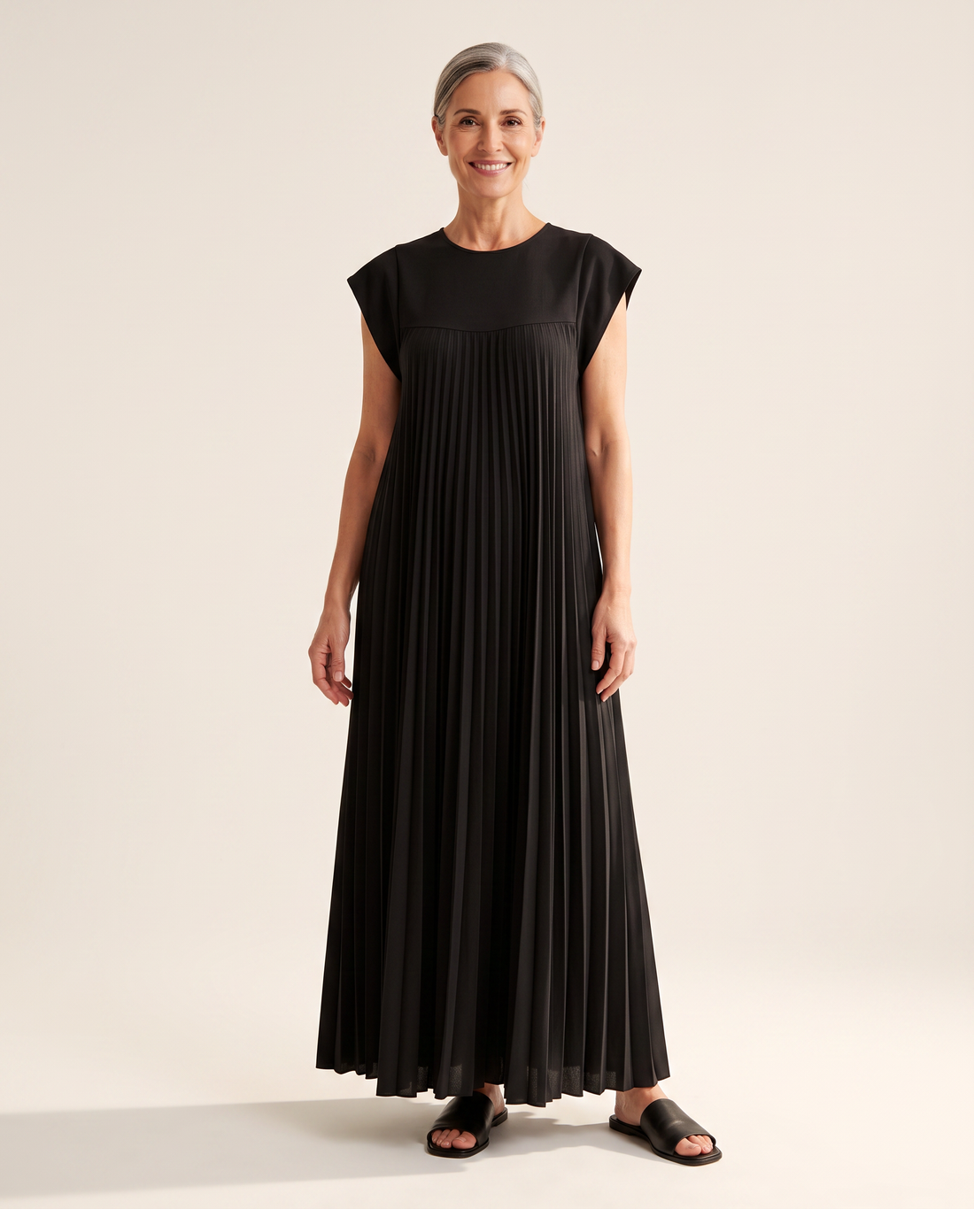 Whitemore & Daughters - Giselle Maxi Dress: Round-Neck Pleated Dress with Cap Sleeves