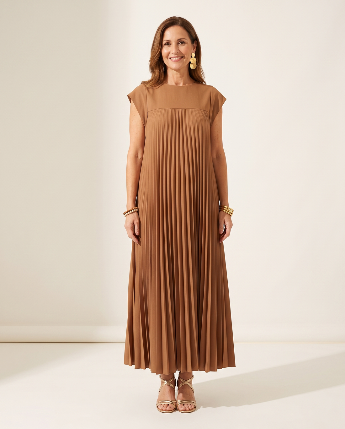 Whitemore & Daughters - Giselle Maxi Dress: Round-Neck Pleated Dress with Cap Sleeves