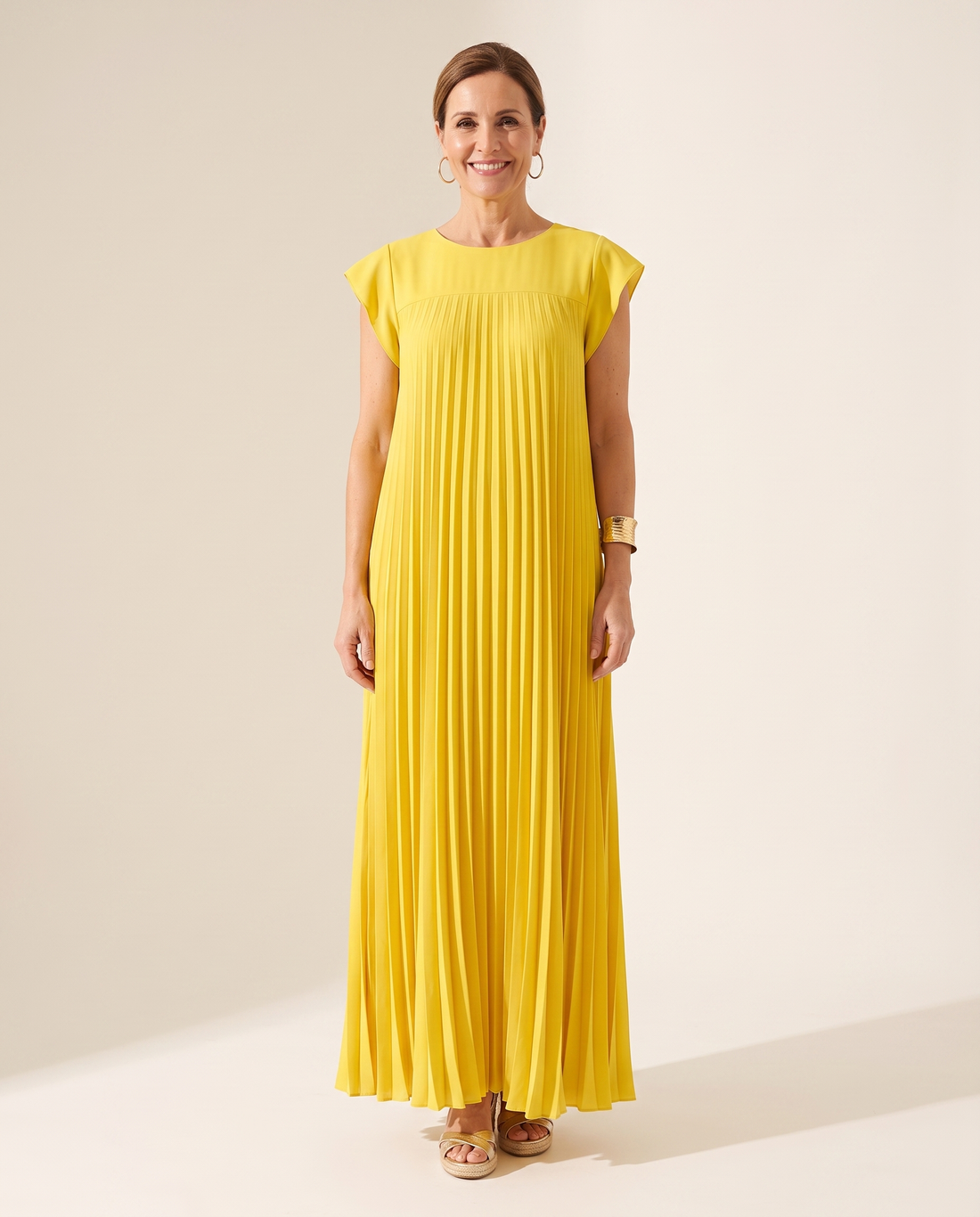 Whitemore & Daughters - Giselle Maxi Dress: Round-Neck Pleated Dress with Cap Sleeves