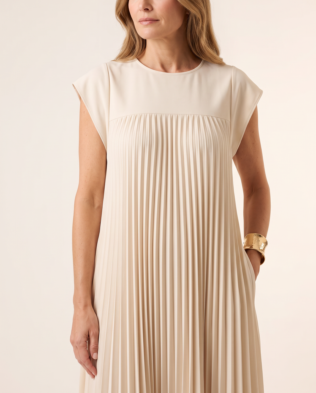 Whitemore & Daughters - Giselle Maxi Dress: Round-Neck Pleated Dress with Cap Sleeves