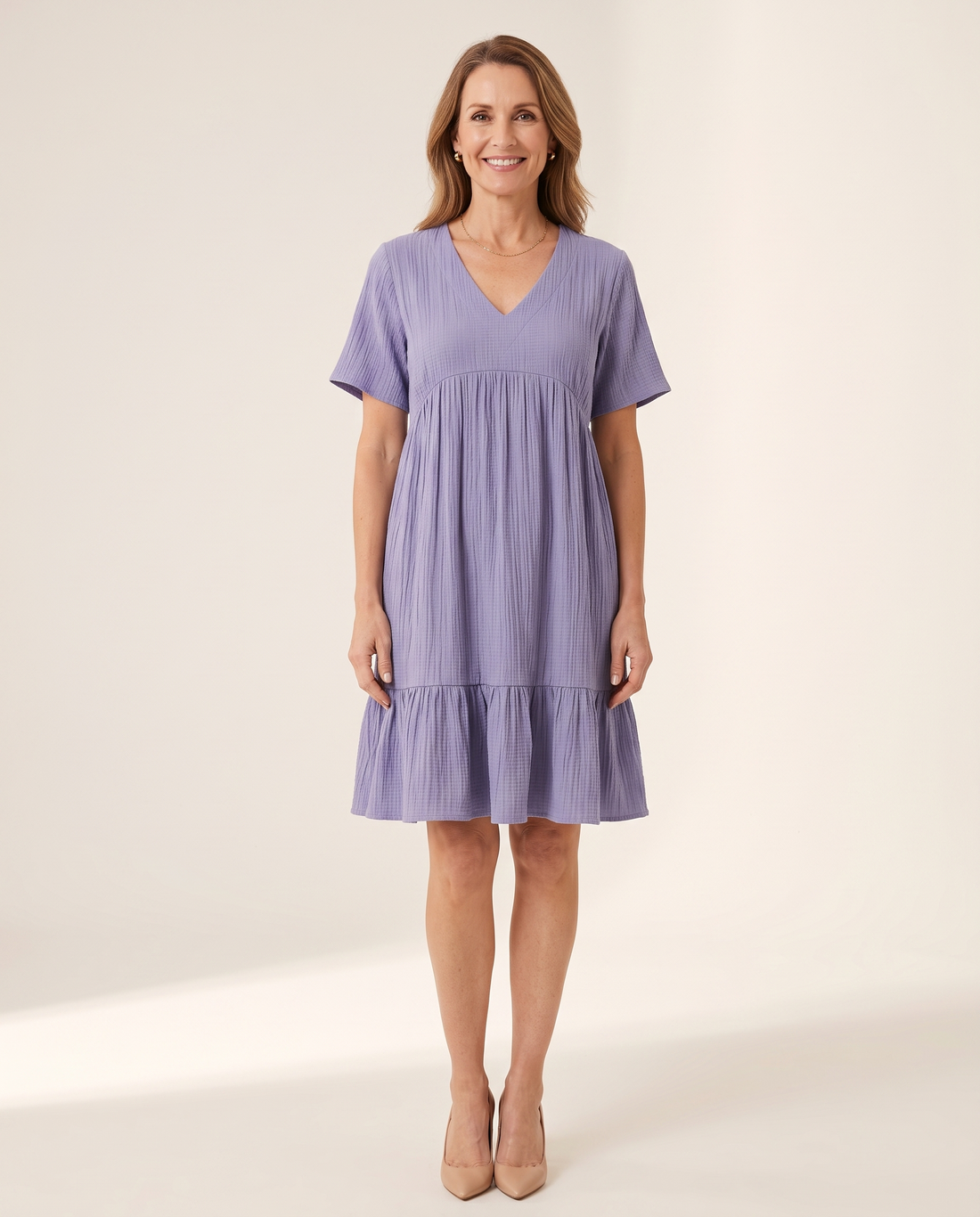 Whitemore & Daughters - Susie Mini Dress: Empire-Waist V-Neck Dress with Ruffle Hem