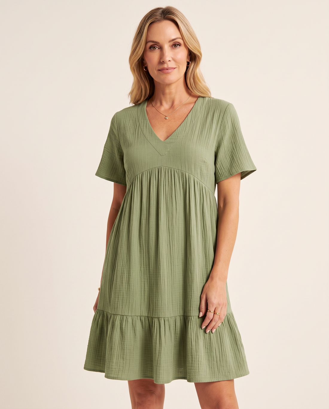 Whitemore & Daughters - Susie Mini Dress: Empire-Waist V-Neck Dress with Ruffle Hem