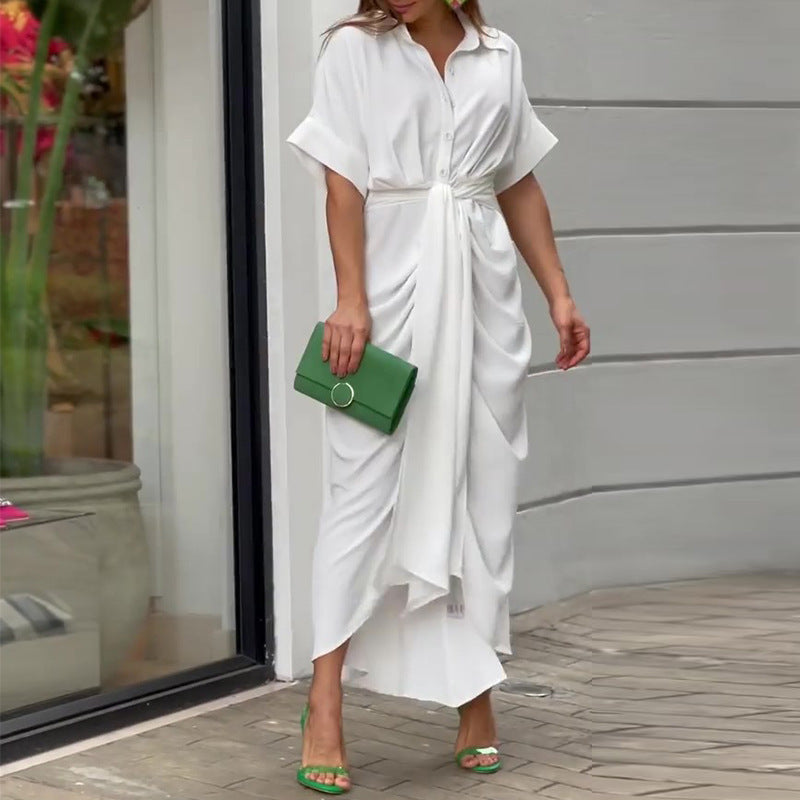 Whitemore & Daughters - Alyson Midi Dress: Shirt-Collar Wrap Dress with Short Sleeves in Abstract Print