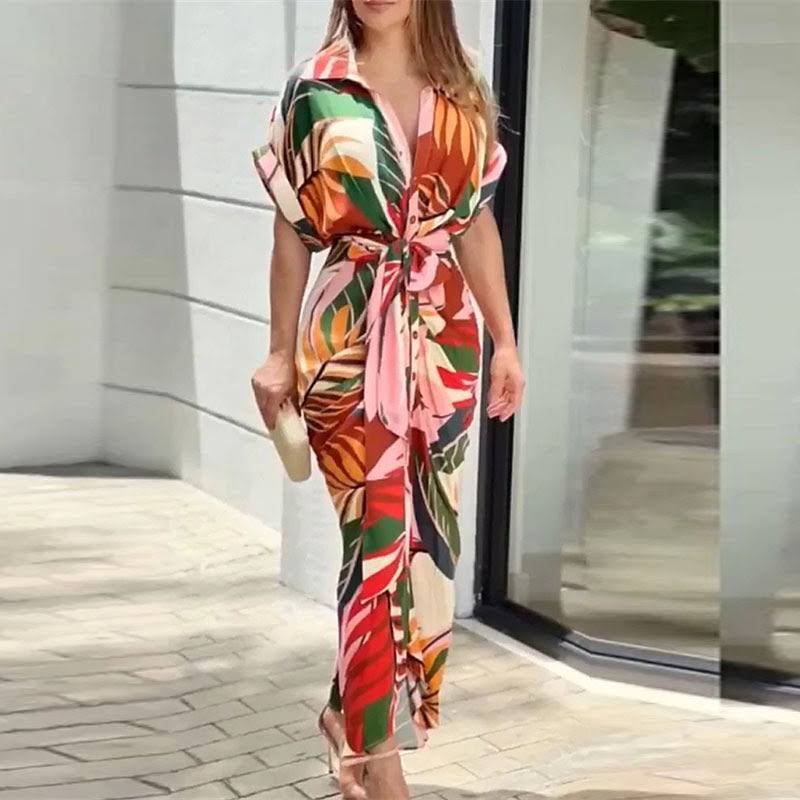 Whitemore & Daughters - Alyson Midi Dress: Shirt-Collar Wrap Dress with Short Sleeves in Abstract Print