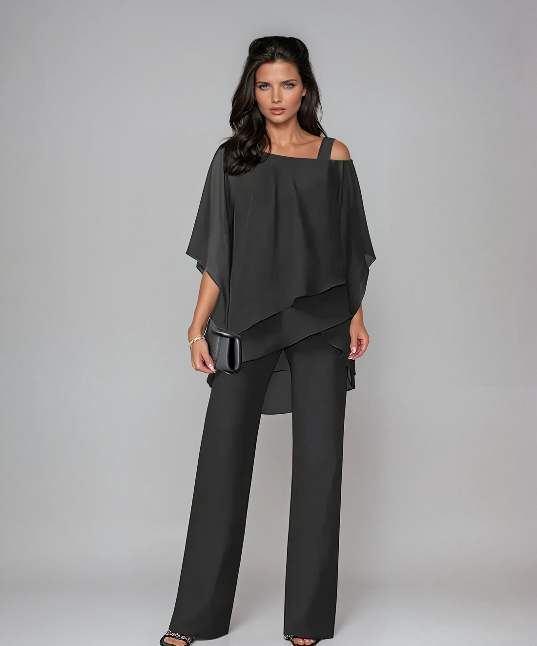 Whitemore & Daughters - Mariella Two-Piece Set: Cold-Shoulder Layered Top with Wide-Leg Pants