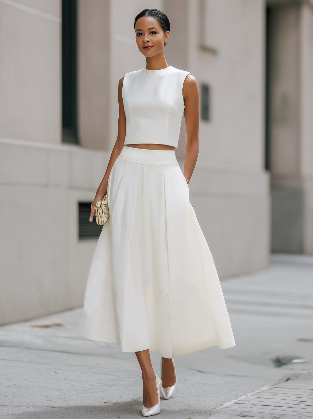 White Sleeveless Cropped Top & Pleated Midi Skirt Co-ord – Whitemore & Daughters