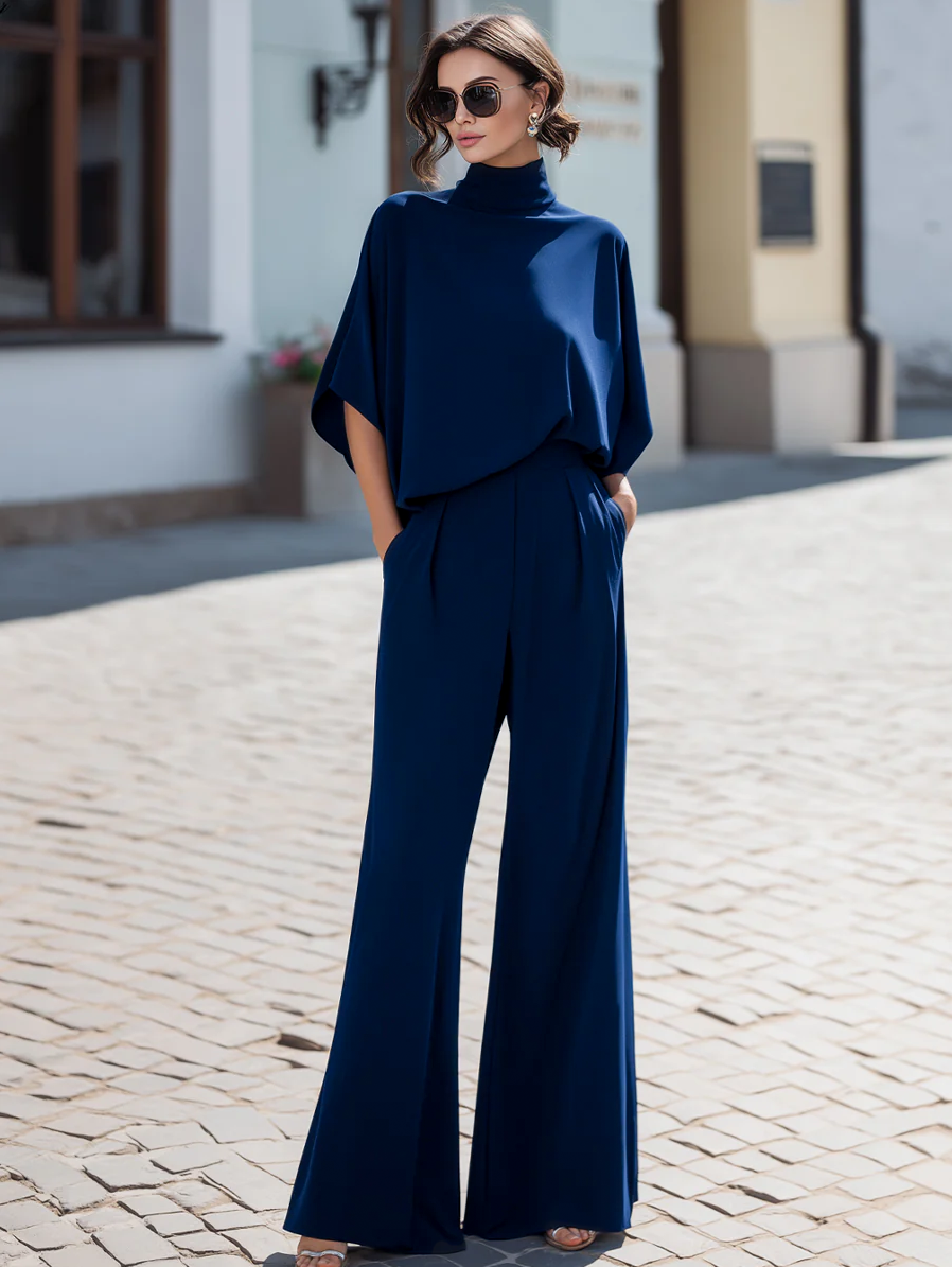 Navy Minimalist High-Neck Draped Blouse & Trouser Co-ord – Whitemore & Daughters