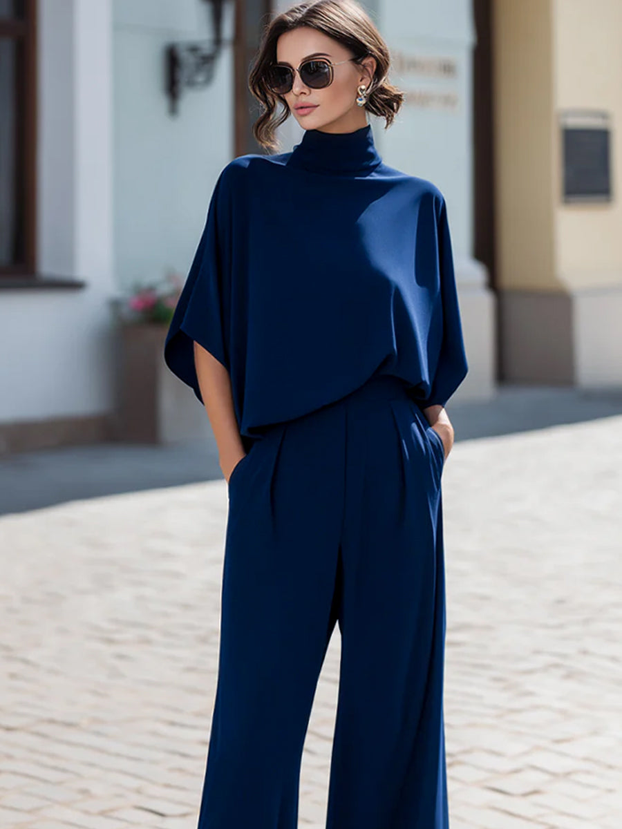 Navy Minimalist High-Neck Draped Blouse & Trouser Co-ord – Whitemore & Daughters