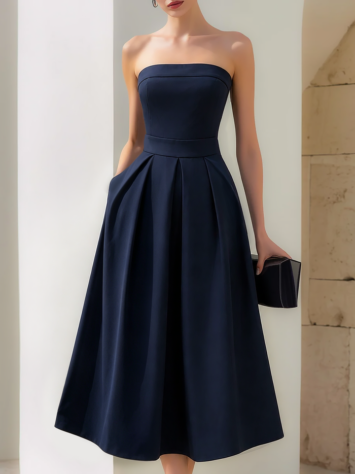 Whitemore & Daughters - Midi Dress: Strapless A-Line Dress with Pleated Skirt