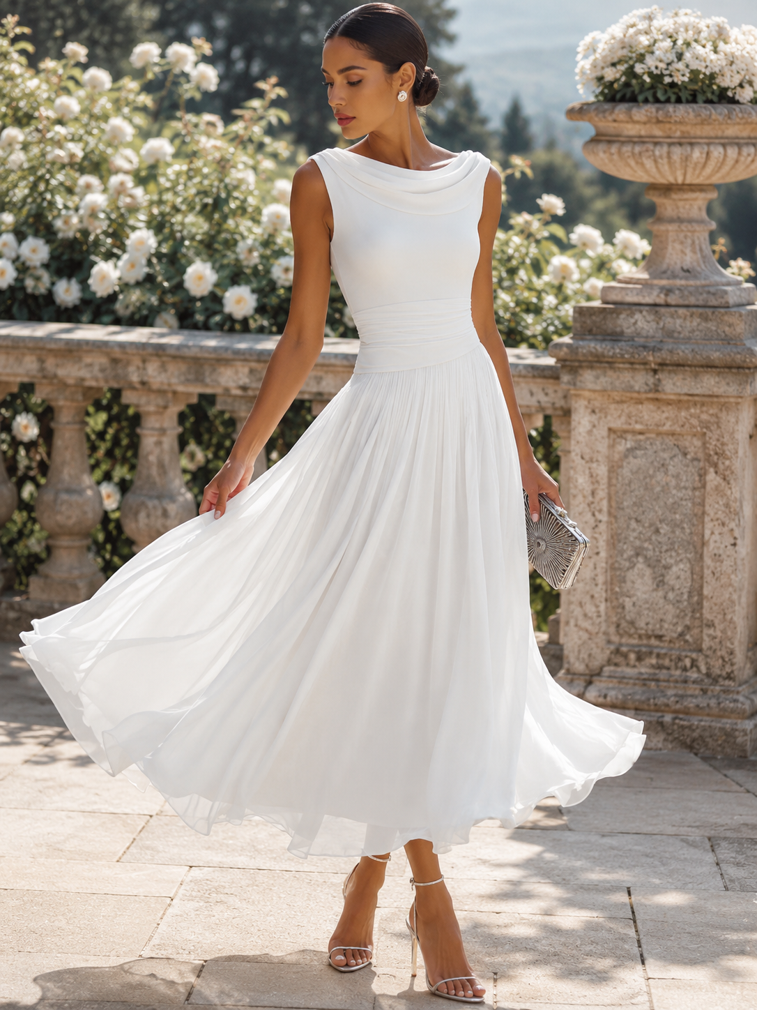 Whitemore & Daughters - Midi Dress: Cowl-Neck A-Line Dress with Flowy Pleated Skirt