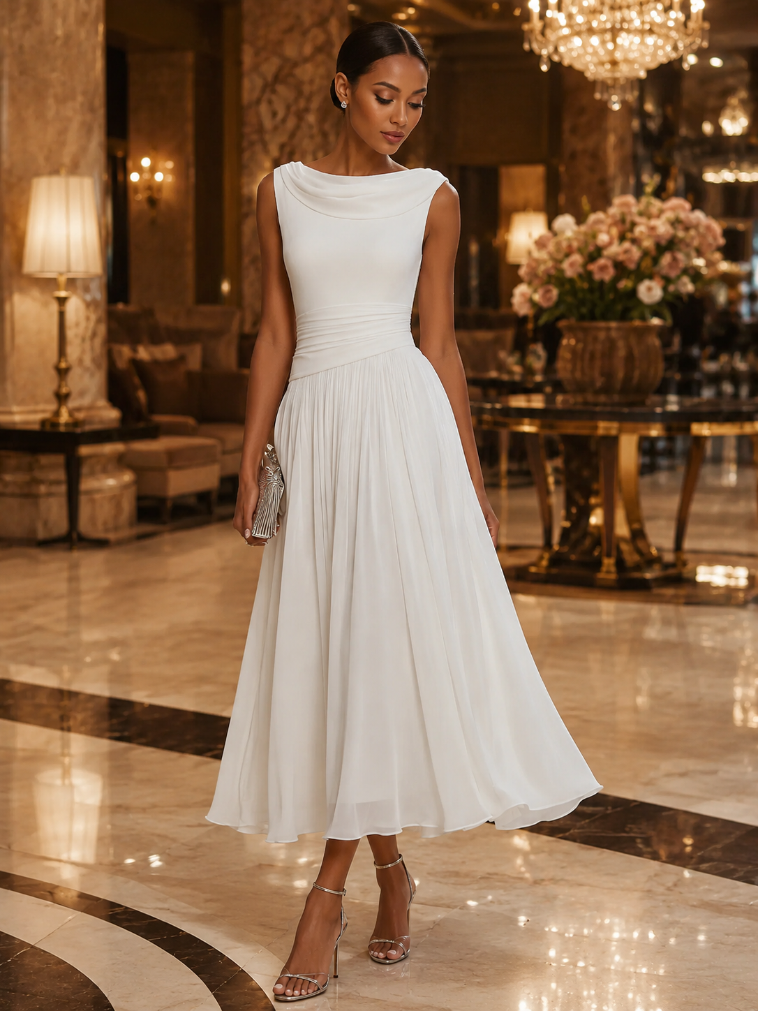 Whitemore & Daughters - Midi Dress: Cowl-Neck A-Line Dress with Flowy Pleated Skirt