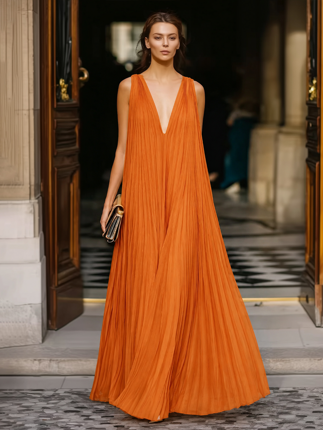 Whitemore & Daughters - Maxi Dress: Deep V-Neck Pleated Dress with Flowing Silhouette
