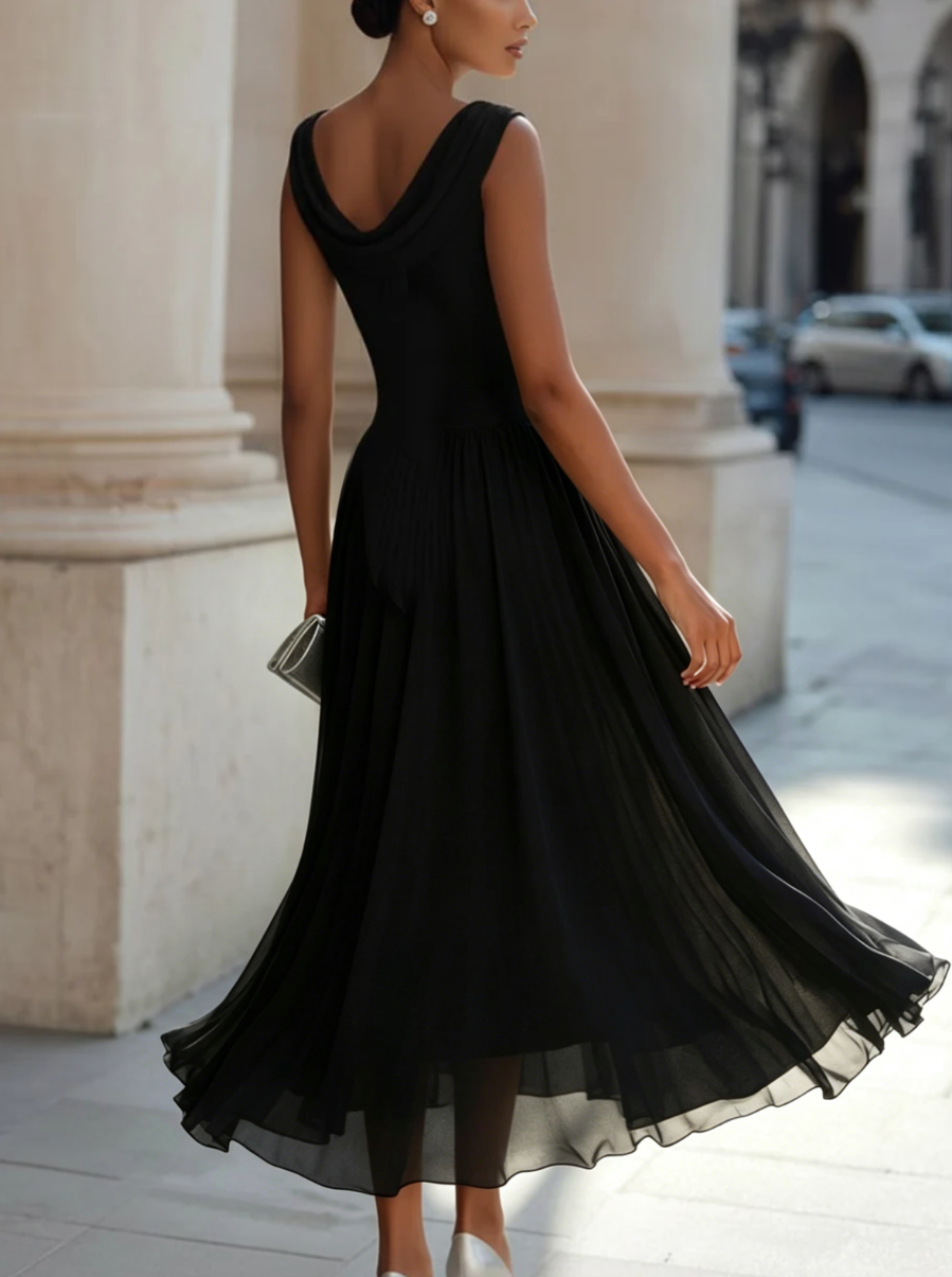 Whitemore & Daughters - Midi Dress: Cowl-Neck A-Line Dress with Flowy Pleated Skirt