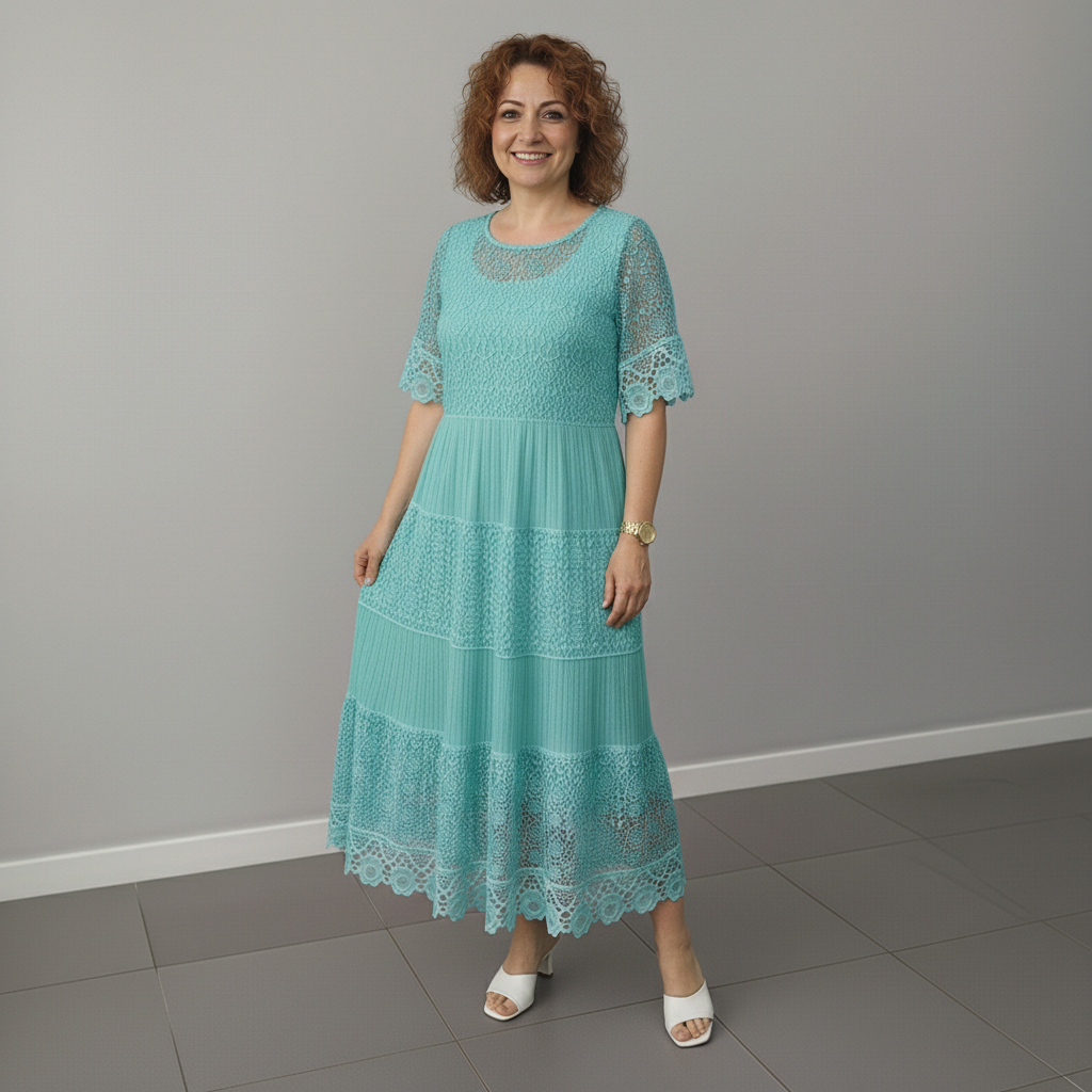 Whitemore & Daughters - Berlinda Midi Dress: Round-Neck Lace Dress with Tiered Skirt