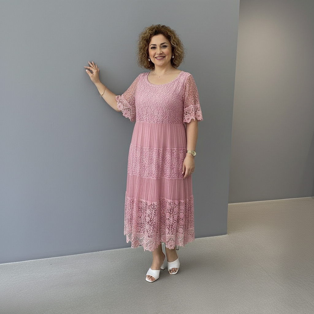 Whitemore & Daughters - Berlinda Midi Dress: Round-Neck Lace Dress with Tiered Skirt