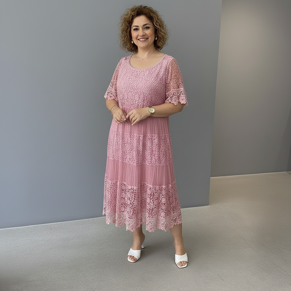 Whitemore & Daughters - Berlinda Midi Dress: Round-Neck Lace Dress with Tiered Skirt