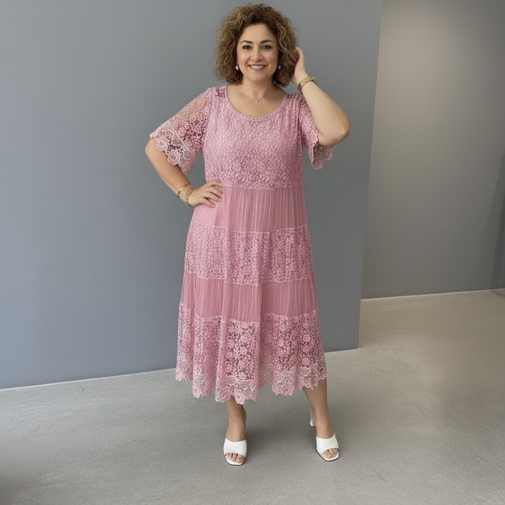 Whitemore & Daughters - Berlinda Midi Dress: Round-Neck Lace Dress with Tiered Skirt