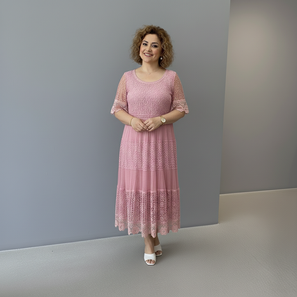 Whitemore & Daughters - Berlinda Midi Dress: Round-Neck Lace Dress with Tiered Skirt