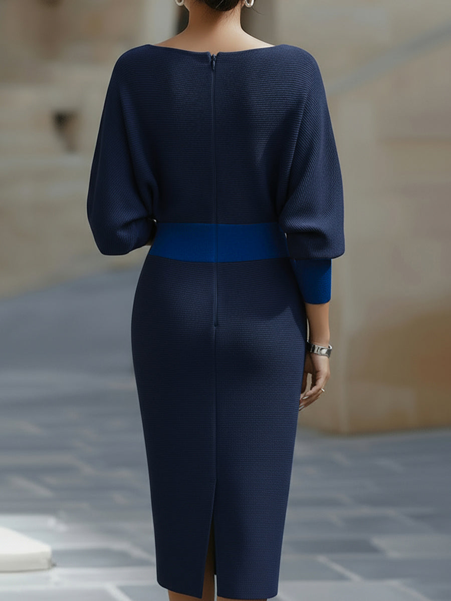 Whitemore & Daughters - Midi Dress: Draped Boat-Neck Dress with Batwing Sleeves