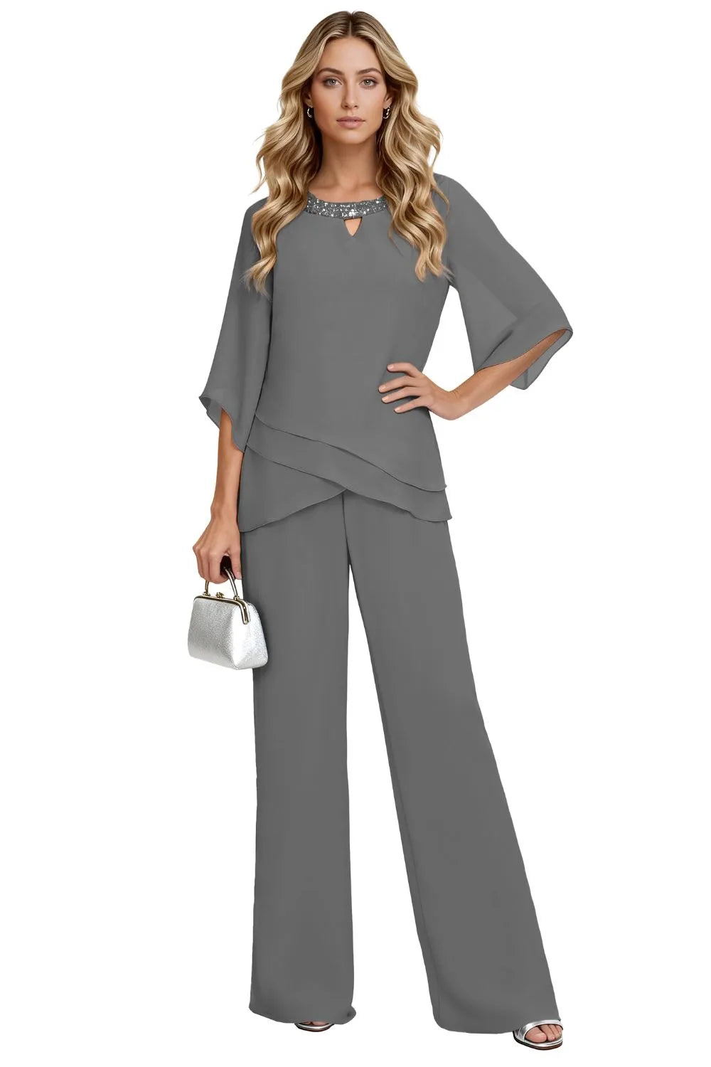 Whitemore & Daughters - Sophisticated Loose-Fit Formal Pant Set with Keyhole Neckline