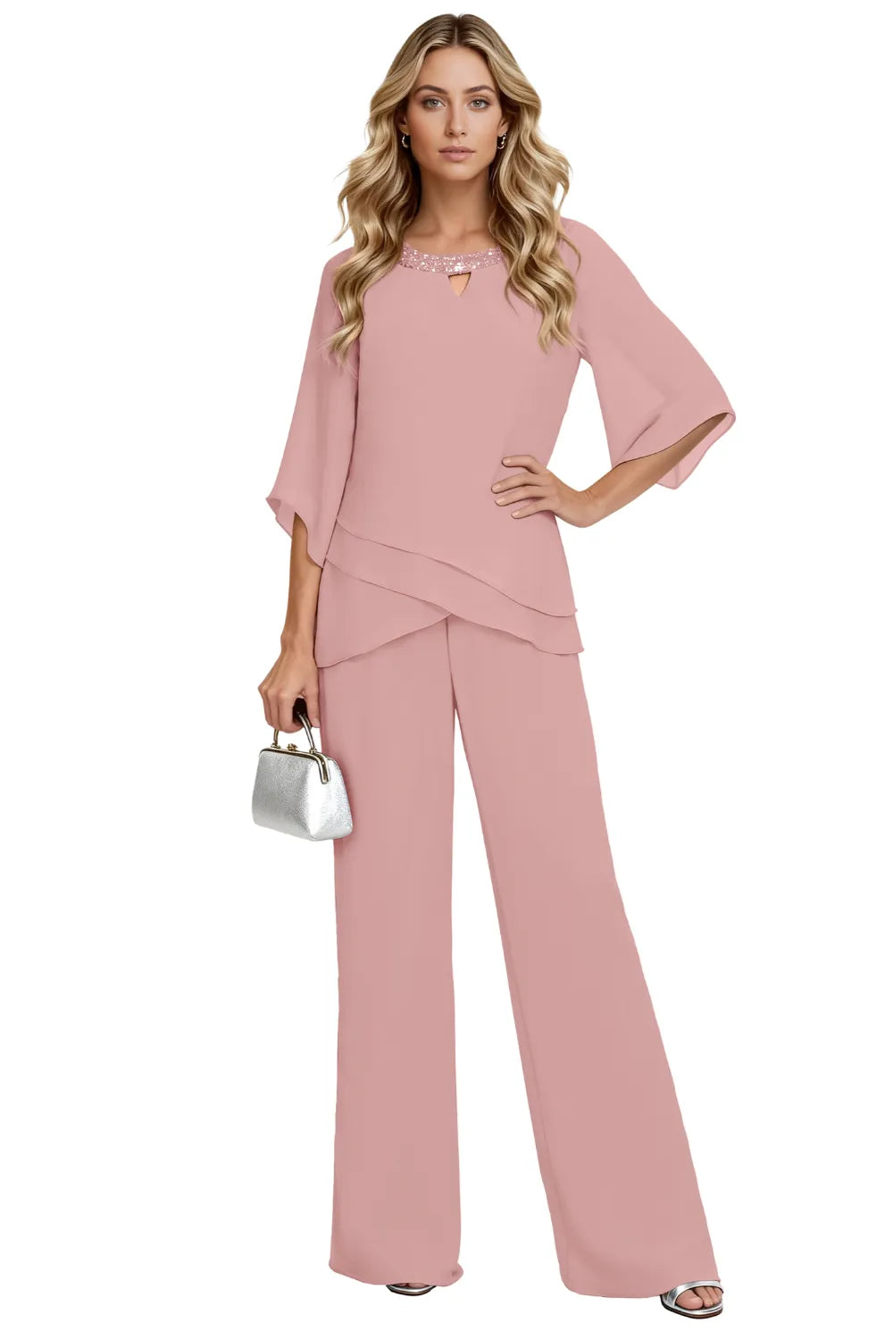 Whitemore & Daughters - Sophisticated Loose-Fit Formal Pant Set with Keyhole Neckline