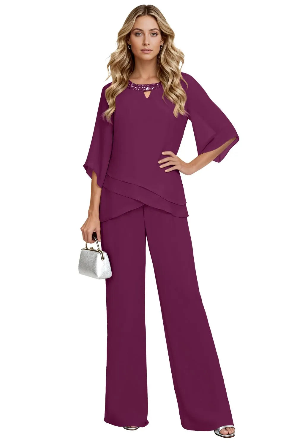 Whitemore & Daughters - Sophisticated Loose-Fit Formal Pant Set with Keyhole Neckline