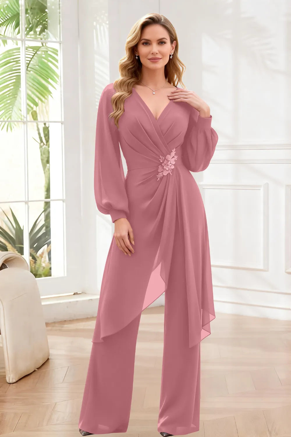Whitemore & Daughters - Evening Jumpsuit: V-Neck Wrap Bodice with Long Balloon Sleeves