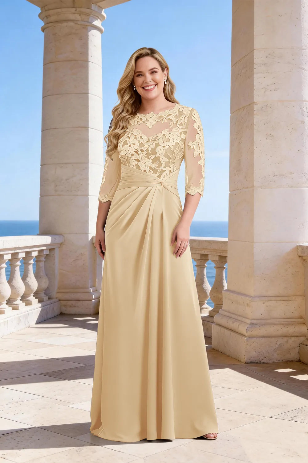 Whitemore & Daughters - Maxi Dress: Illusion-Neck Lace Dress with 3/4 Sleeves