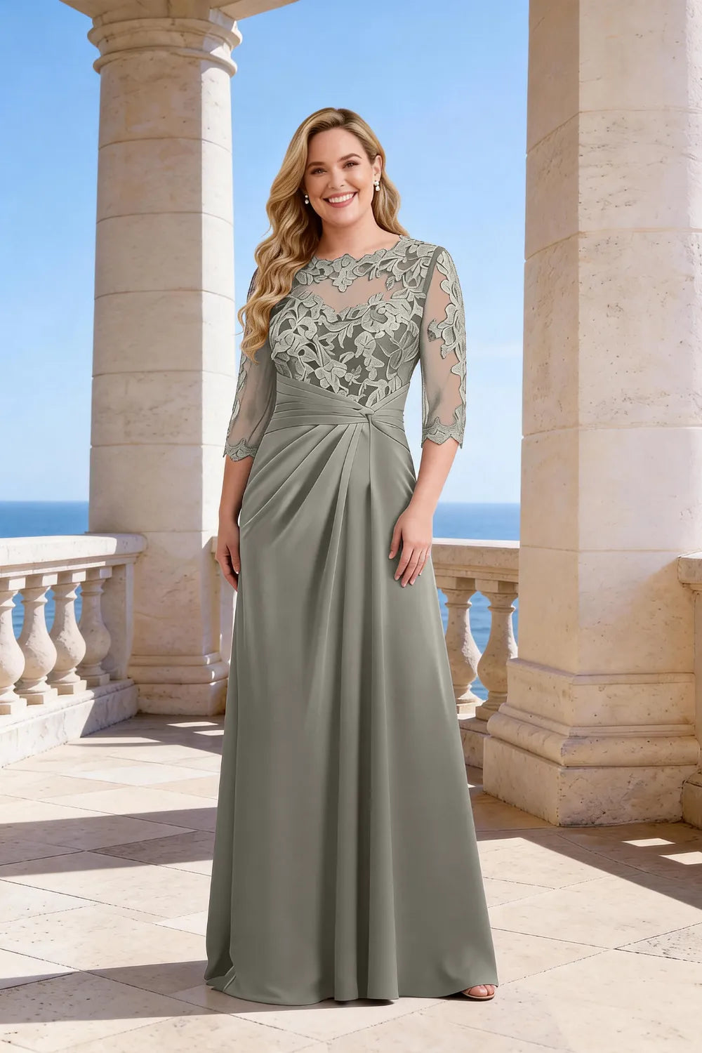 Whitemore & Daughters - Maxi Dress: Illusion-Neck Lace Dress with 3/4 Sleeves