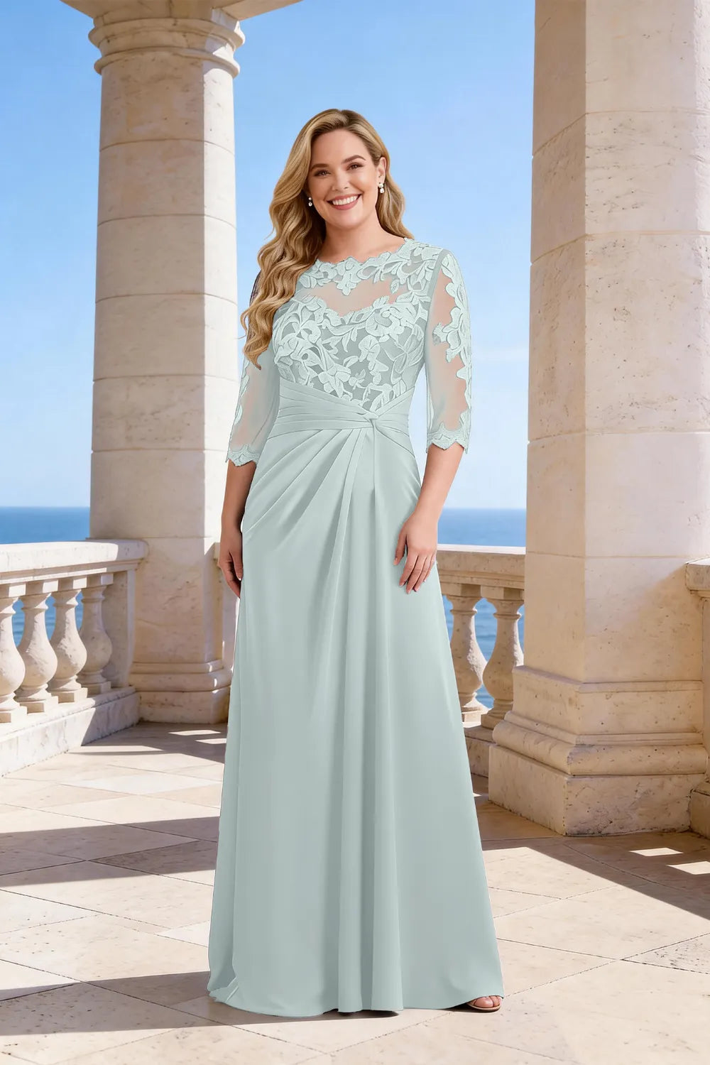 Whitemore & Daughters - Maxi Dress: Illusion-Neck Lace Dress with 3/4 Sleeves