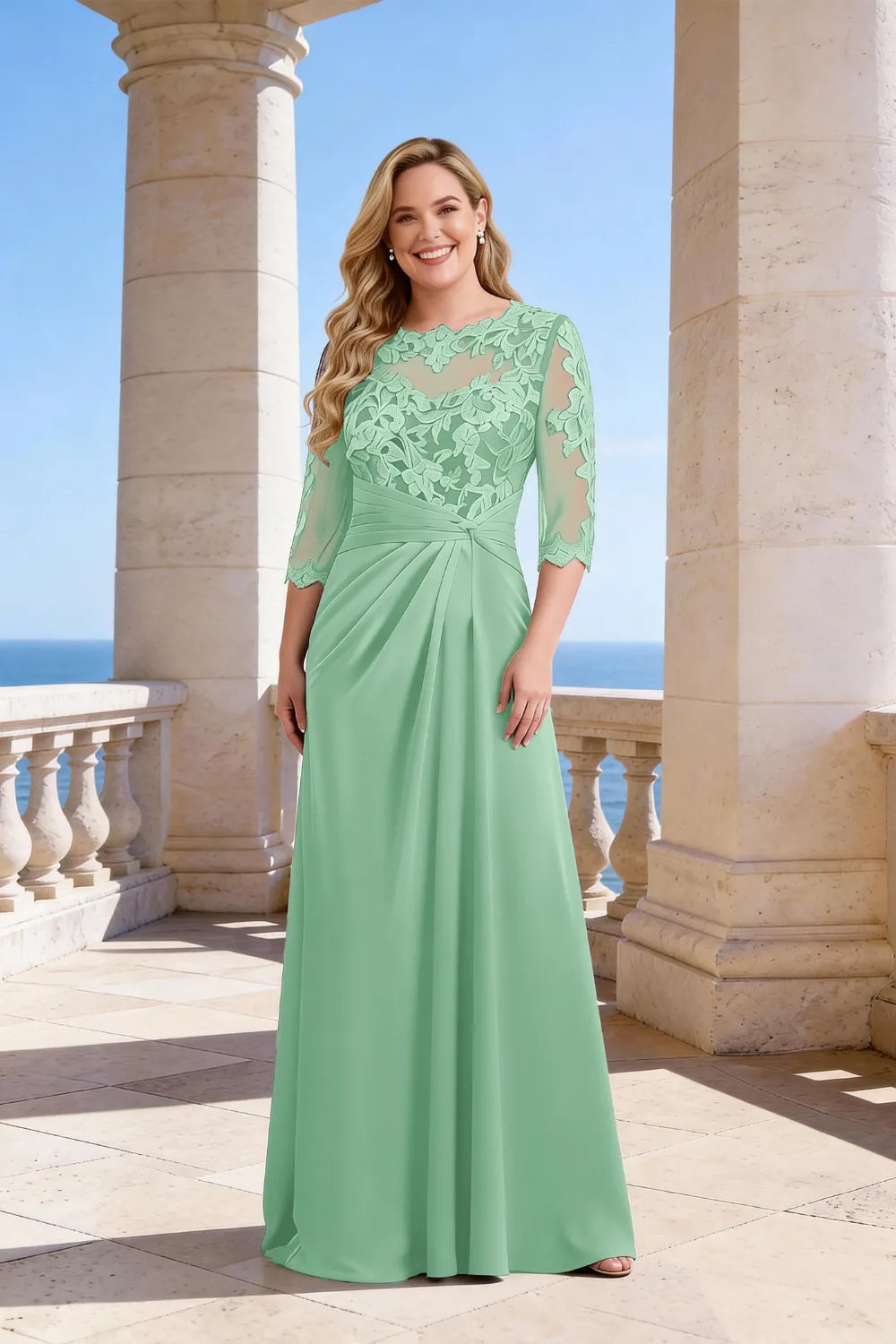 Whitemore & Daughters - Maxi Dress: Illusion-Neck Lace Dress with 3/4 Sleeves