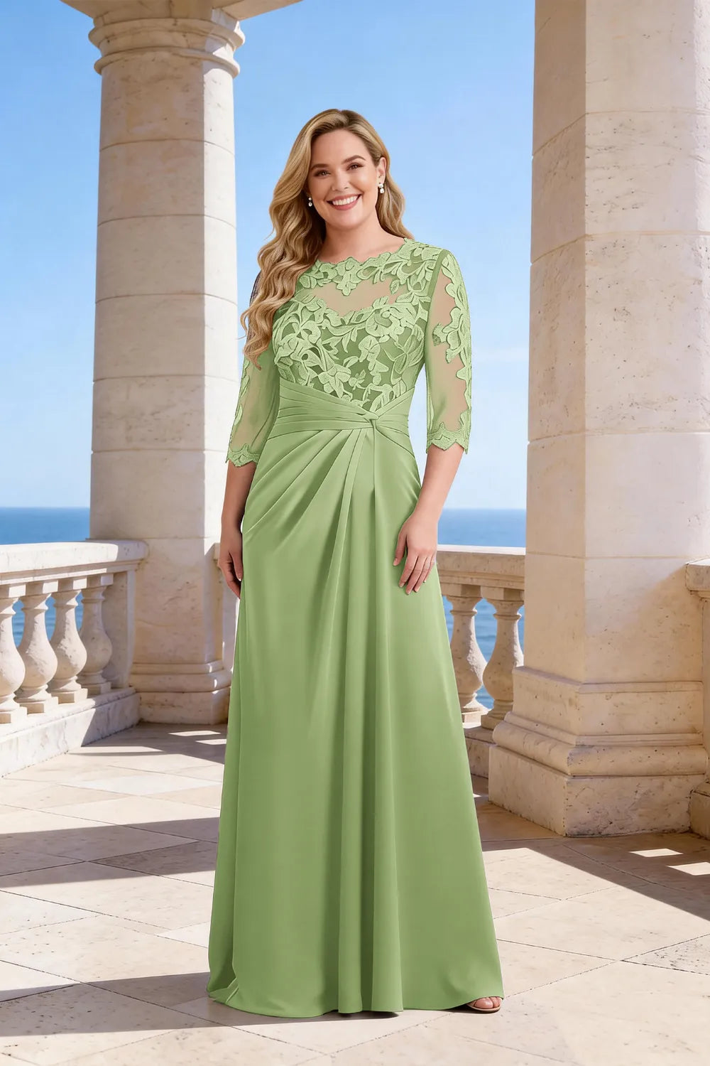 Whitemore & Daughters - Maxi Dress: Illusion-Neck Lace Dress with 3/4 Sleeves