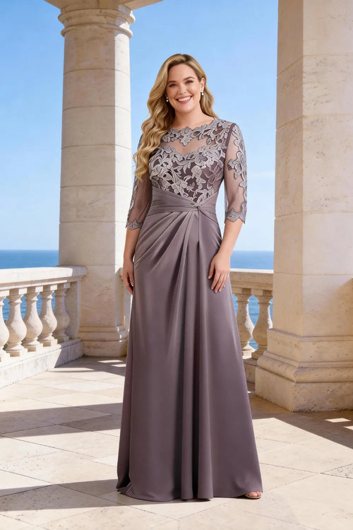 Whitemore & Daughters - Maxi Dress: Illusion-Neck Lace Dress with 3/4 Sleeves