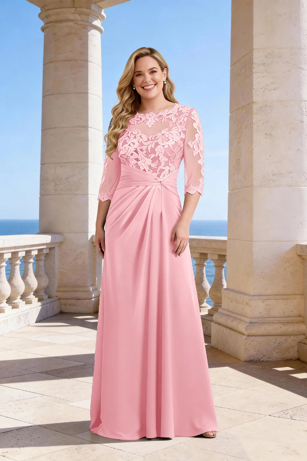 Whitemore & Daughters - Maxi Dress: Illusion-Neck Lace Dress with 3/4 Sleeves