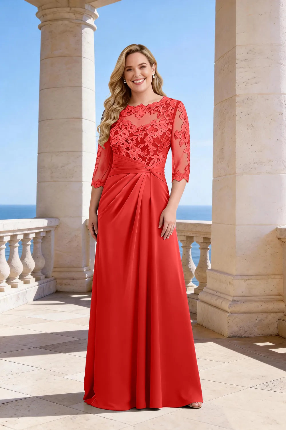 Whitemore & Daughters - Maxi Dress: Illusion-Neck Lace Dress with 3/4 Sleeves