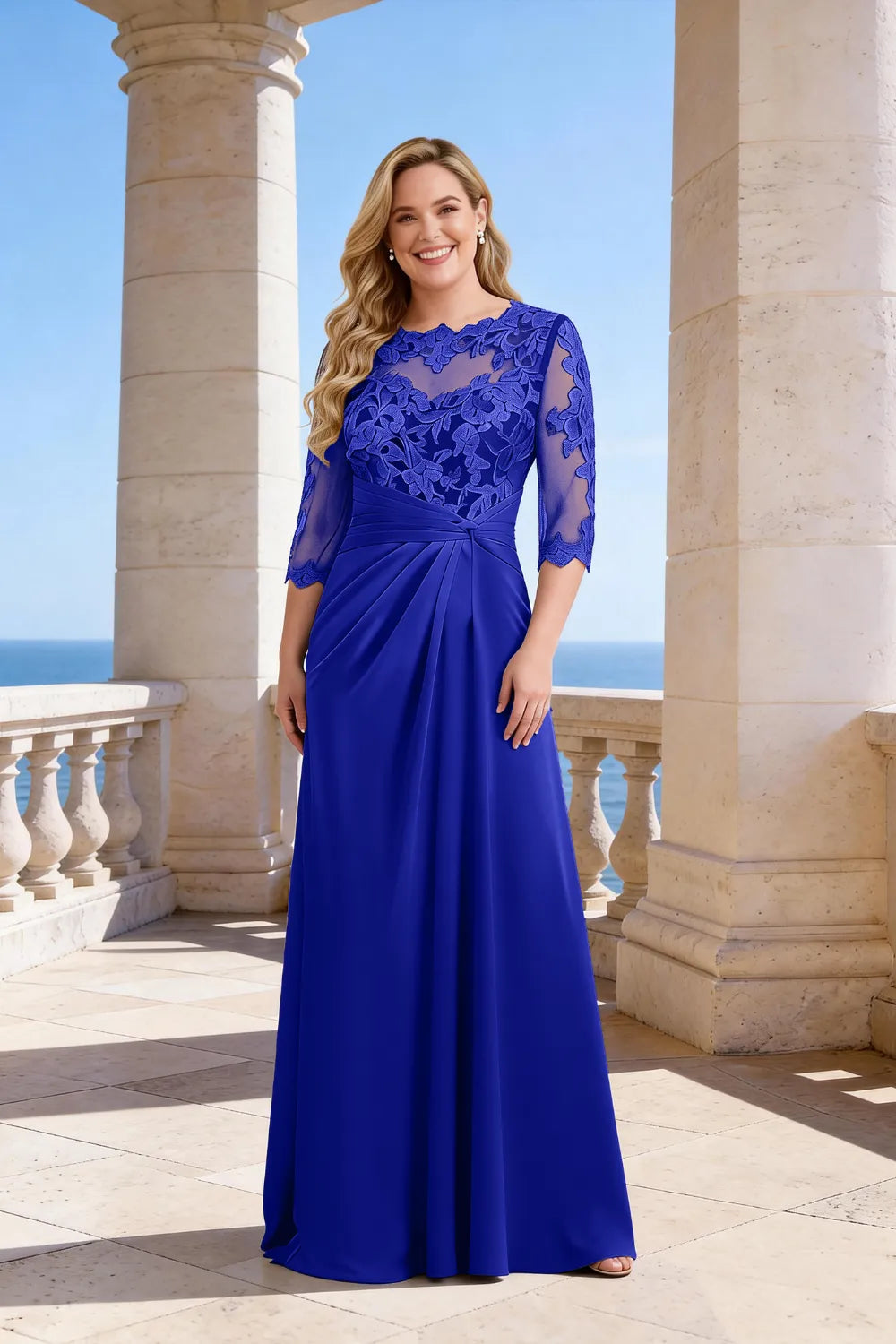 Whitemore & Daughters - Maxi Dress: Illusion-Neck Lace Dress with 3/4 Sleeves