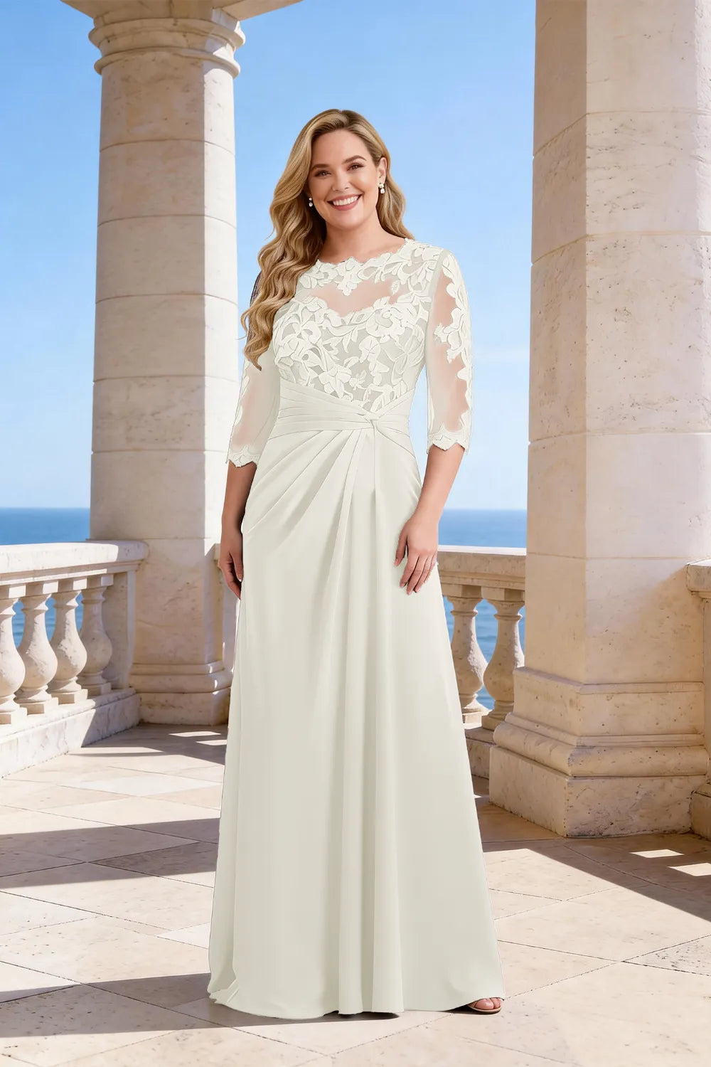 Whitemore & Daughters - Maxi Dress: Illusion-Neck Lace Dress with 3/4 Sleeves