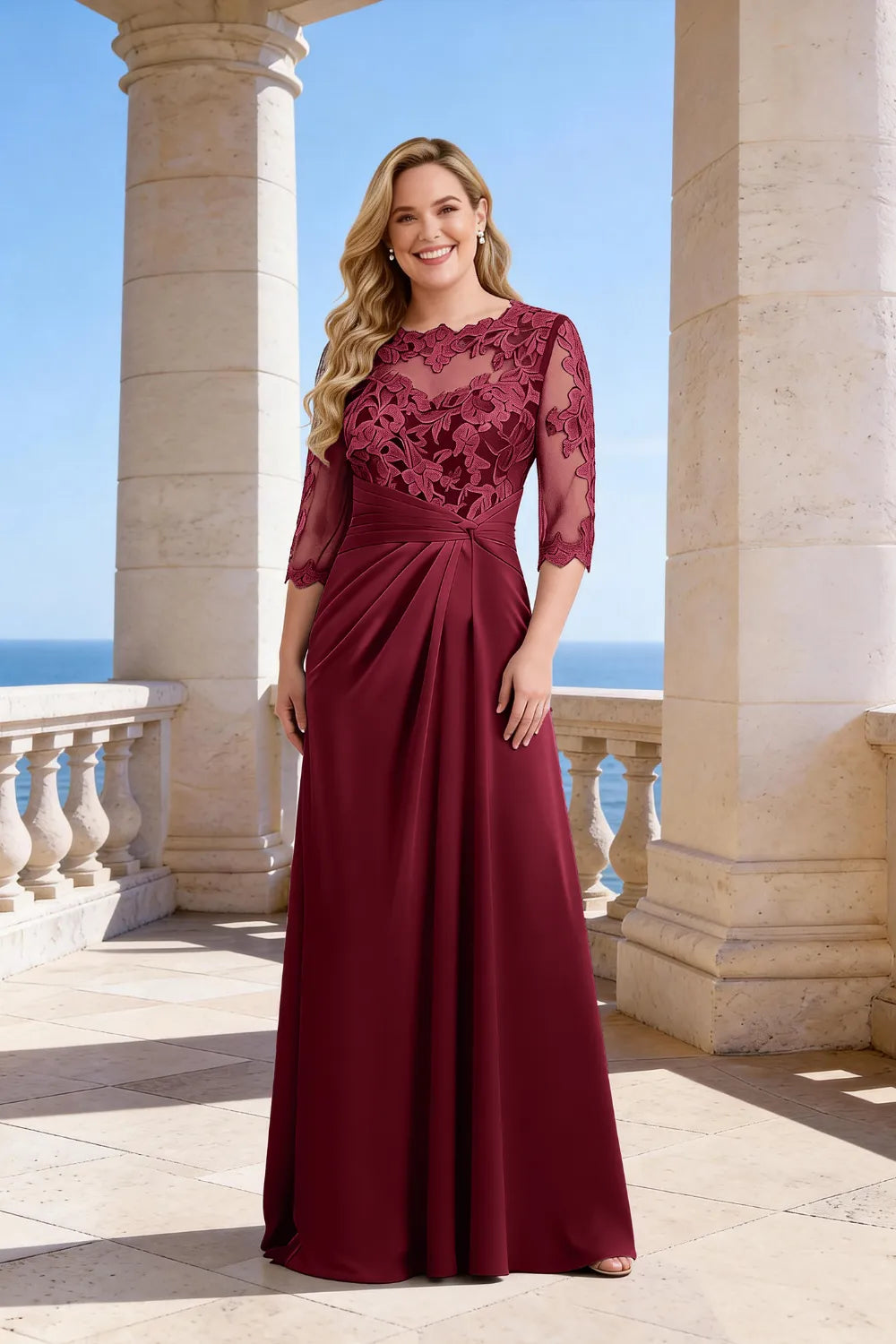 Whitemore & Daughters - Maxi Dress: Illusion-Neck Lace Dress with 3/4 Sleeves