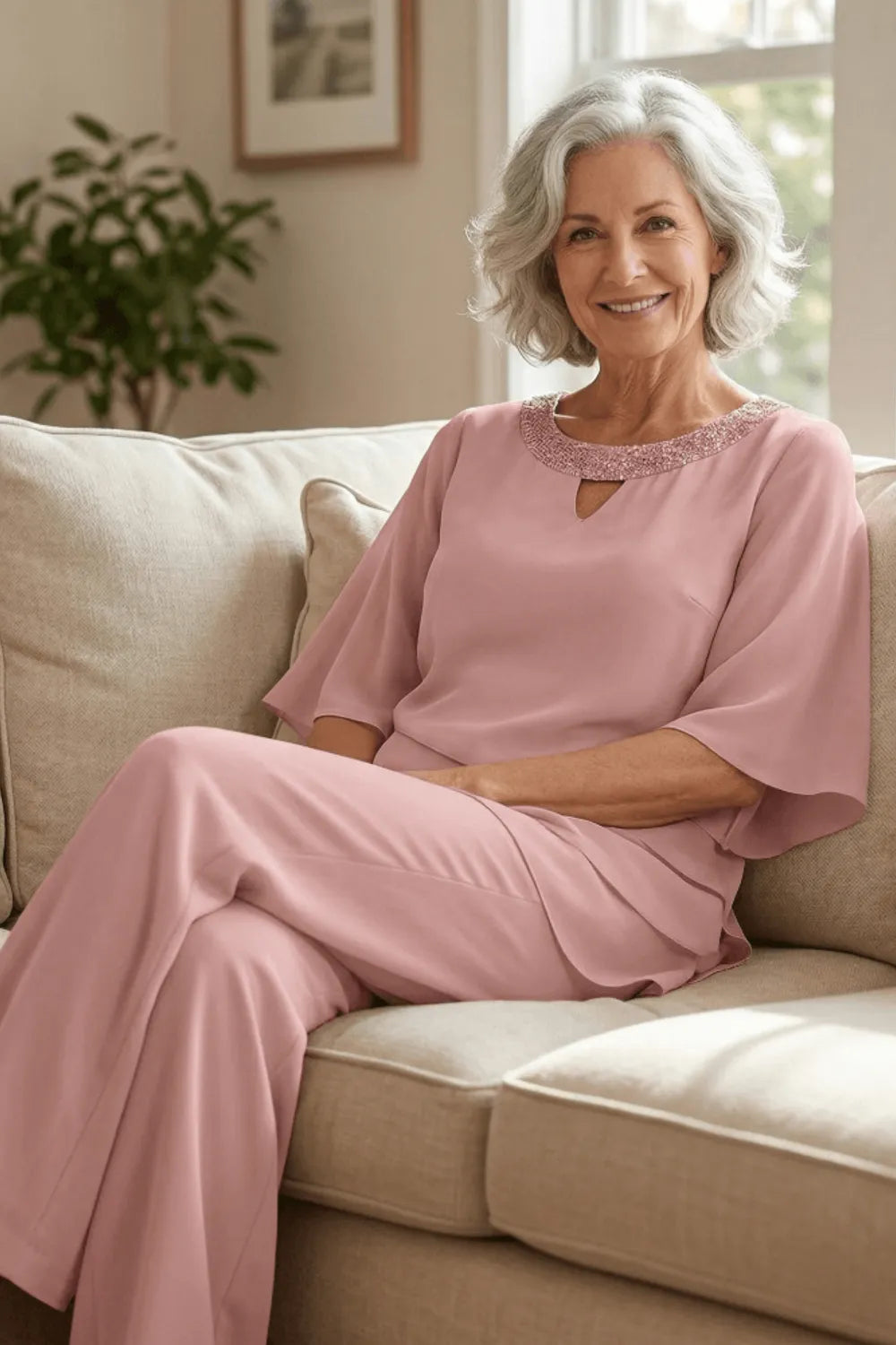 Whitemore & Daughters - Sophisticated Loose-Fit Formal Pant Set with Keyhole Neckline