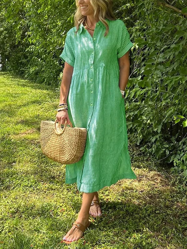 Whitemore & Daughters - Sarina Midi Dress: Shirt-Collar Button-Front Dress with Short Sleeves in Striped Print